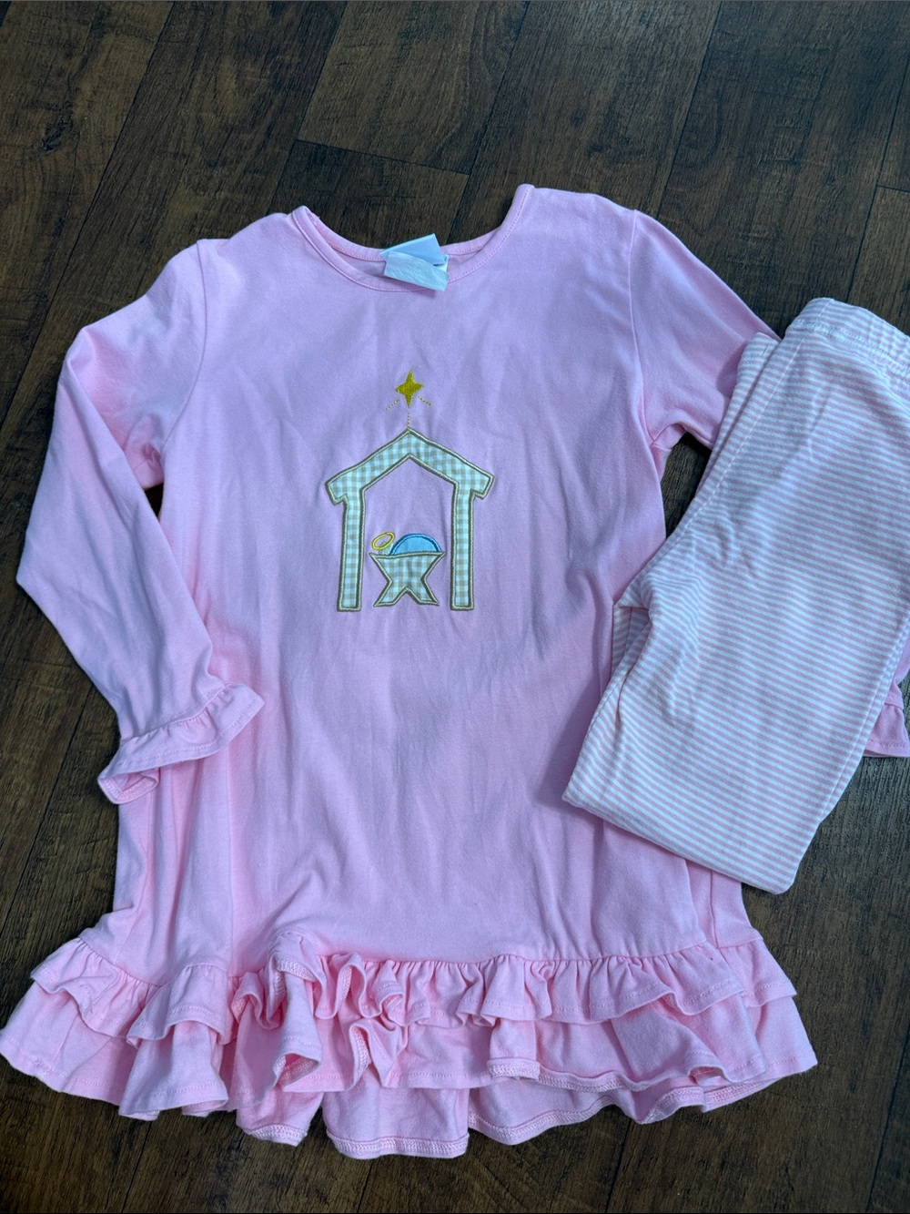 Pink Girls' Ruffle Hem Sleep Set - Long Sleeve Top & Striped Pants